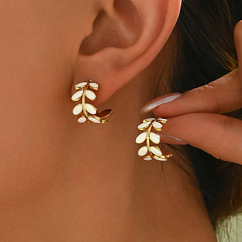 Elegant 201 Stainless Steel Leaf Stud Earrings, Golden, White, 17mm