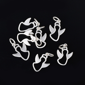 Brass Charms, Matte Style, Long-Lasting Plated, Angel, 925 Sterling Silver Plated, 14.5x10.5x2mm, Hole: 3mm