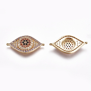 Brass Micro Pave Cubic Zirconia Links connectors, Evil Eye, Colorful, Golden, 15x28x4mm, Hole: 0.8mm