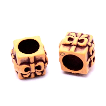 Plastic Beads, Imitation Wood, Large Hole, Cube with Bowknot, Sandy Brown, 11x13x13mm, Hole: 8mm