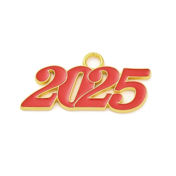 Alloy Enamel Pendants, Number 2025 Charm, Golden, Red, 19x38x1.5mm, Hole: 3.5mm