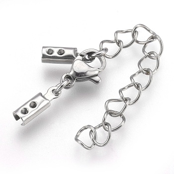 304 Stainless Steel Chain Extender, with Cord Ends and Lobster Claw Clasps, Stainless Steel Color, 31mm long, Chain Extenders: 42mm, Cord End: 10x3x2.5mm, Inner: 2.5mm, Clasp: 9x6.5x3mm