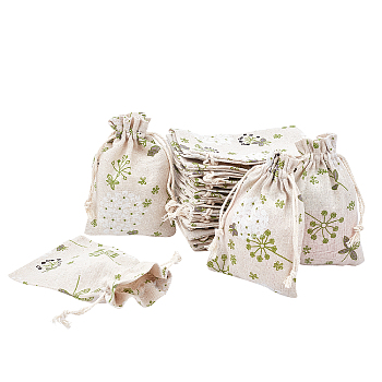 Polycotton(Polyester Cotton) Packing Pouches Drawstring Bags, with Printed Flower, Old Lace, 14x10cm