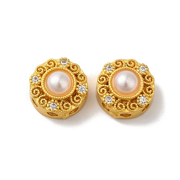 Rack Plating Hollow Brass Cubic Zirconia Beads, with ABS Imitation Pearl, Flower, Long-Lasting Plated, Matte Gold Color, 11.9x6.4mm, Hole: 1.5mm