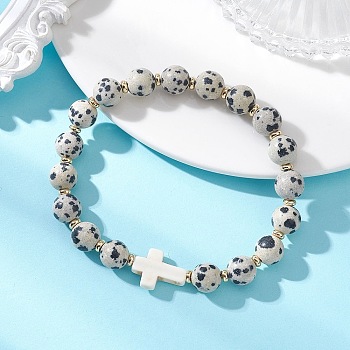 Round Natural Dalmatian Jasper Stone Beaded Stretch Bracelets, Cross Synthetic Turquoise Jewlery for Women Men, Beads: 9mm, Inner Diameter: 2.13 inch(5.4cm)