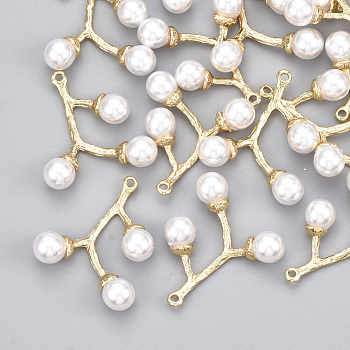 ABS Plastic Imitation Pearl Pendants, with Brass Findings, Branch, Real 18K Gold Plated, Creamy White, 23.5x21x6mm, Hole: 1.2mm