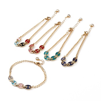 Golden Plated Brass Enamel Chain Bracelets, with Curb Chains & Coffee Bean Chains, Rhinestone Charms, Mixed Color, 7-1/2 inch(19cm)