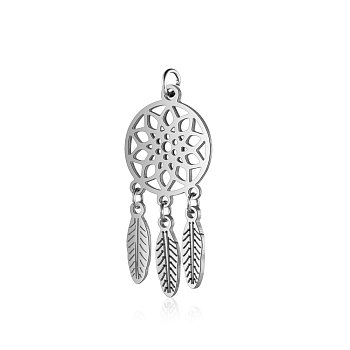 304 Stainless Steel Pendants, with Jump Rings, Polished, Woven Net/Web with Feather, Stainless Steel Color, 32x14x1mm, Hole: 3mm