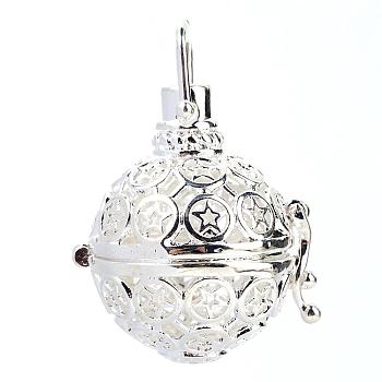 Rack Plating Brass Cage Pendants, For Chime Ball Pendant Necklaces Making, Hollow Round with Star, Silver Color Plated, 29x25x21mm, Hole: 5x6mm, inner measure: 18mm