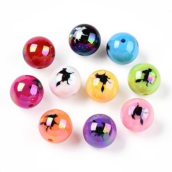 UV Plating Acrylic Beads, Iridescent, Halloween Theme, Round with Witch Pattern, Mixed Color, 15.5mm, Hole: 2.4mm