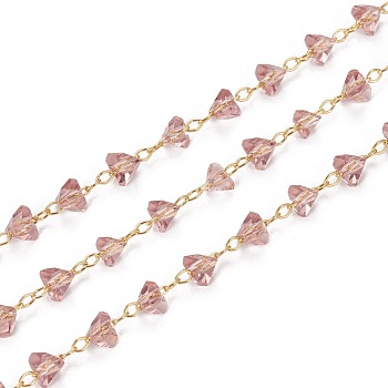 Handmade Glass Beaded Chains, with Golden Tone Brass Findings, Soldered, Long-Lasting Plated, Triangle, Faceted, Flamingo, 3.5~4x4~4.5x3mm, about 32.8 Feet(10m)/roll