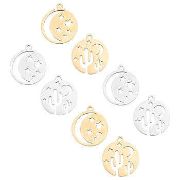 Unicraftale 201 Stainless Steel Laser Cut Pendants, Star with Moon & Flat Round with Cactus, Golden & Stainless Steel Color, 20.5x18x1mm, Hole: 1.4mm, 16pcs/box