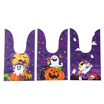 100Pcs Rabbit Shaped Halloween Candy Plastic Bags, Ghost Printed Candy Gift Bags, Indigo, 21.5~22.5x13.6x0.01cm