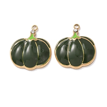 304 Stainless Steel Pendants, with Green Enamel, Pumpkin Charms, Golden, 18x16x3.5mm, Hole: 1.4mm