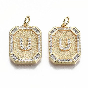 Brass Micro Pave Clear Cubic Zirconia Pendants, Nickel Free, Real 18K Gold Plated, Rounded Rectangle with Word, Letter.U, 19x14x2.5mm, Jump Ring: 5x0.7mm, 3mm inner diameter