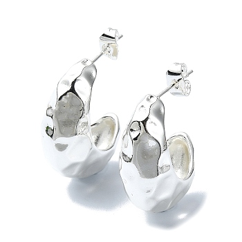 Textured Teardrop Brass Stud Earrings, Half Hoop Earrings, Long-Lasting Plated, Silver, 25x12mm