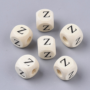 Printed Natural Wood Beads, Horizontal Hole, Cube with Initial Letter, PapayaWhip, Letter.Z, 10x10x10mm, Hole: 3.5mm, about 1000pcs/500g
