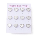 6 Pairs Natural White Shell Heart Stud Earrings, 304 Stainless Steel Jewelry for Women, Stainless Steel Color, 9x10mm, Pin: 0.7mm(EJEW-G291-02P)