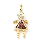 Brass Micro Pave Cubic Zirconia Pendants, Cadmium Free & Lead Free, Human with Triangle, Real 18K Gold Plated, Orange Red, 15x7x2.5mm, Hole: 2.5mm(ZIRC-I356-17G-B05)