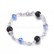 304 Stainless Steel Beaded Bracelets, with Glass Beads and Lobster Claw Clasps, Heart, Mixed Color, 8-1/4 inch(21cm)(BJEW-K118-24P-B)