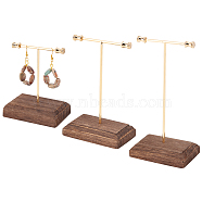 3 Sets 3 Sizes Iron Earring Display Stand Set, with Coconut Brown Wooden Base, T-Bar, Golden, Finish Product: 8x5x9.7~16cm, about 1 size/set(EDIS-WH0024-10G)