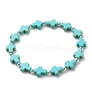 Synthetic Turquoise(Dyed) Cross Beaded Stretch Bracelet, Religion Gemstone Jewelry for Women, Turquoise(Dyed), Inner Diameter: 2-1/4 inch(5.6cm)(BJEW-JB08450-02)