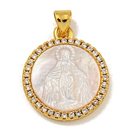 Rack Plating Brass Micro Pave Clear Cubic Zirconia Flat Round Pendants, Carved Natural White Shell Charms, Golden, Virgin, 22.5x19x3.5mm, Hole: 5X2.5mm(KK-U025-10G-03)