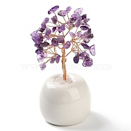 Natural Amethyst Chips Tree of Life Decorations, Round Porcelain Base with Copper Wire Feng Shui Energy Stone Gift for Home Office Desktop Decoration, 57x113~129mm(DJEW-C016-02F)