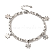 304 Stainless Steel Snowflake Charm Bracelet with 201 Stainless Steel Round Beads for Women, Stainless Steel Color, 8-5/8 inch(21.8cm)(BJEW-B057-19P)