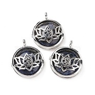 Natural Sodalite Locket Pendants, Flat Round Charms, with Platinum Plated Brass Lotus Findings, 31.5x27x9mm, Hole: 4.6mm(G-G982-01P-12)