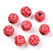 Handmade Polymer Clay Beads, Round with Flower Pattern, Red, 10mm, Hole: 1.5~2mm(CLAY-T020-39G)