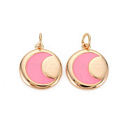Brass Enamel Pendants, Nickel Free, Real 18K Gold Plated, Flat Round with Moon, Pink, 16x13.5x2mm, Hole: 3mm(KK-S356-588B-NF)
