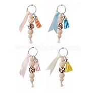 Cube & Round & Octagon Wooden Beaded Pendant Keychain, with Faux Suede Tassel and Ribbon, 304 Stainless Steel Key Ring, Mixed Color, 10.5cm(KEYC-JKC00462)