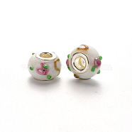 Handmade Lampwork European Beads, Large Hole Rondelle Beads, Bumpy Lampwork, with Glitter Powder and Platinum Tone Brass Double Cores, Floral White, 14~16x9~10mm, Hole: 5mm(LPDL-N001-051-E10)