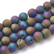 Electroplate Natural Druzy Geode Weathered Agate Beads Strands, Frosted, Dyed, Round, Multi-color Plated, 10~10.5mm, Hole: 1.5mm, about 40pcs/strand, 15.5 inch(G-S284-10mm-04)