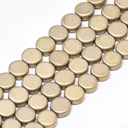 Electroplate Non-magnetic Synthetic Hematite Beads Strands, Matte Style, Flat Round, Light Gold Plated, 6x2.5mm, Hole: 1mm, about 71pcs/strand, 15.7 inch(G-T061-17E)