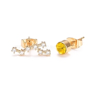 Brass Micro Pave Cubic Zirconia Stud Earrings, Asymmetrical Earrings, with 925 Sterling Silver Pins and Ear Nuts, Flat Round & Constellation/Zodiac Sign, Golden, Gold, Leo, 15x5.5mm and 5mm, Pin: 0.8mm(EJEW-I253-01J)