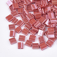 2-Hole Opaque Glass Seed Beads, Lustered, Rectangle, FireBrick, 5x4.5~5.5x2~2.5mm, Hole: 0.5~0.8mm(SEED-S023-07J)