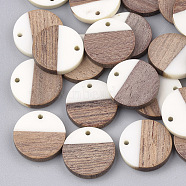 Resin & Walnut Wood Pendants, Flat Round, White, 18x3.5mm, Hole: 1.5mm(RESI-S358-02C-01)