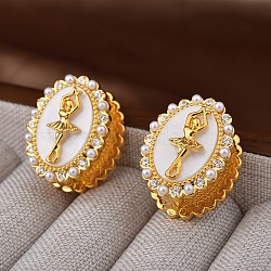 Oval with Ballerina Girl Brass Micro Pave Clear Cubic Zirconia Hoop Earrings for Women, with Plastic Imitation Pearl and Shell, Real 22K Gold Plated, 20x16mm(EJEW-Q391-36G)