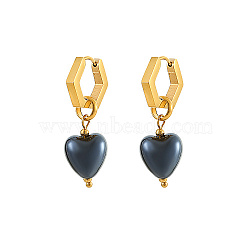 Golden 304 Stainless Steel Hoop Earrings, Ceramics Heart Drop Earrings, Prussian Blue, Pendant: 15x12mm(MG1904-2)
