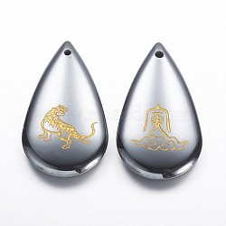 Non-magnetic Synthetic Hematite Pendants, Teardrop with Chinese Zodiac, Tiger, 36x20x6mm, Hole: 1.5mm(G-A167-20C)