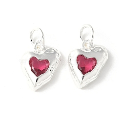 Brass Micro Pave Cubic Zirconia Pendants, Heart Charms, Rack Plating, Lasting Plated, Cadmium Free & Lead Free, with Jump Ring, Cerise, 12.5x10.5x3.5mm, Hole: 4.5mm(KK-U067-10S-02)