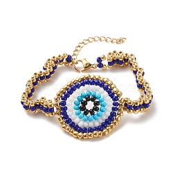 Glass Seed Braided Evil Eye Link Bracelet for Women, Golden, 7-1/4 inch(18.5cm)(BJEW-JB08398-02)