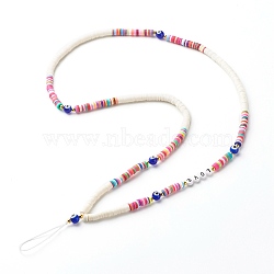 Acrylic Beads and Flat Round Eco-Friendly Handmade Polymer Clay Bead Mobile Straps,  with Handmade Evil Eye Lampwork Bead, 304 Stainless Steel Beads and Nylon Thread, Colorful, 46.7cm(HJEW-JM00551)