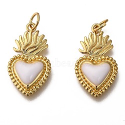 Golden Tone Brass Enamel Pendants, with Jump Rings, Long-Lasting Plated, Heart, White, 22x12x3mm, Hole: 3.5mm(KK-K750-01G-E)