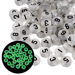 Luminous Transparent Acrylic Beads, Craft Beads, Flat Round with Number Pattern, Glow in the Dark, with Glitter Powder, Black, 7x3.5mm, Hole: 1.5mm, about 3333pcs/500g(TACR-Q013-06A)