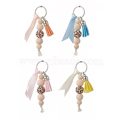 Cube & Round & Octagon Wooden Beaded Pendant Keychain, with Faux Suede Tassel and Ribbon, 304 Stainless Steel Key Ring, Mixed Color, 10.5cm(KEYC-JKC00462)