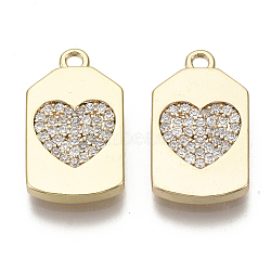 Brass Micro Pave Cubic Zirconia Pendants, Rectangle with Heart, Nickel Free, Real 18K Gold Plated, Clear, 17.5x10x2mm, Hole: 1.2mm(X-KK-R136-040-NF)