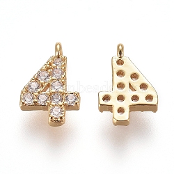 Brass Micro Pave Clear Cubic Zirconia Charms, Number, Golden, Num.4, 9.5~10x4~6.5x2mm, Hole: 0.8mm(ZIRC-L075-60A-04G)